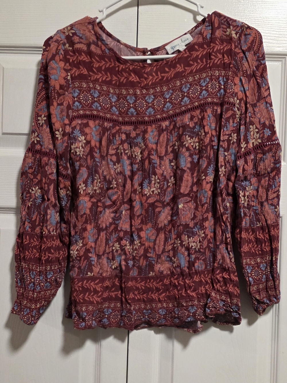 Grace & Lace Burgundy Multi Floral Peasant Blouse